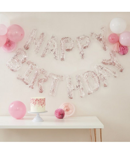 Ballons lettres Happy Birthday rose gold