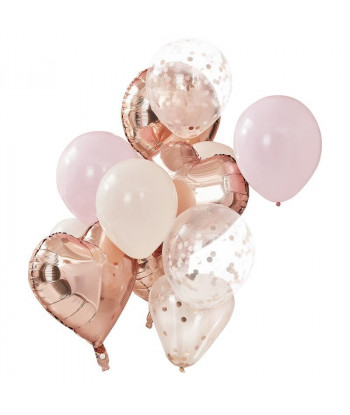 Bouquet de ballons confettis rose gold, rose et blanc