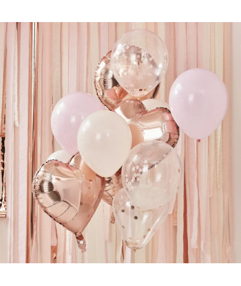Bouquet de ballons confettis rose gold, rose et blanc