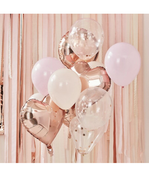 Bouquet de ballons confettis rose gold, rose et blanc