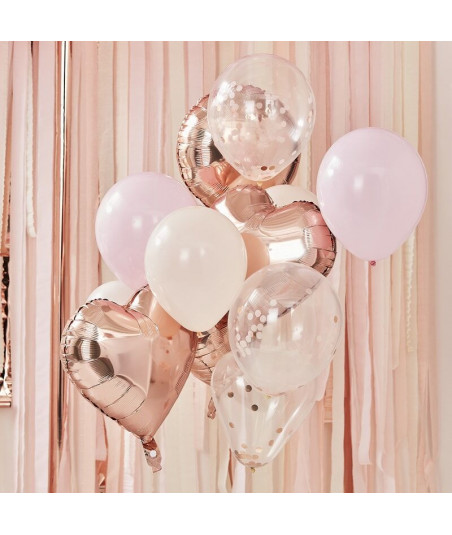 Bouquet de ballons confettis rose gold, rose et blanc