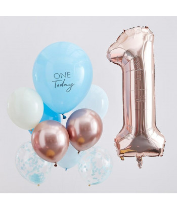 Ballons anniversaire 1 an Rose Gold, Bleu et Chiffre  1