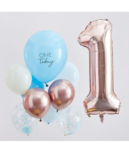 Ballons anniversaire 1 an Rose Gold, Bleu et Chiffre  1