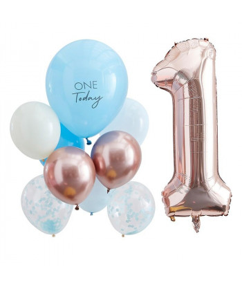 Ballons anniversaire 1 an Rose Gold, Bleu et Chiffre  1