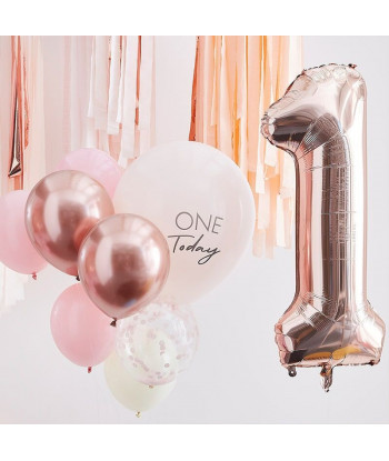 10 Ballons anniversaire 1an Rose Gold et Chiffre  1