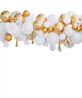 kit pour guiralnde de ballons doré et blanc, boules et evantails papier