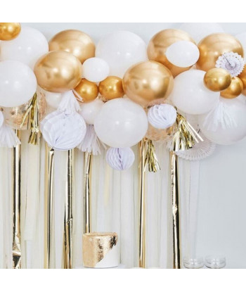 kit pour guiralnde de ballons doré et blanc, boules et evantails papier