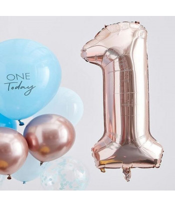 Ballons anniversaire 1 an Rose Gold, Bleu et Chiffre  1