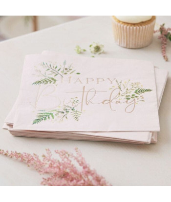 Serviette roses à fleurs Happy birthday