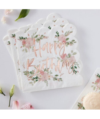 Serviettes florales joyeux anniversaire rose gold