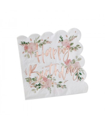 Serviettes florales joyeux anniversaire rose gold