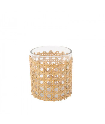 photophore en verre en cannage naturel