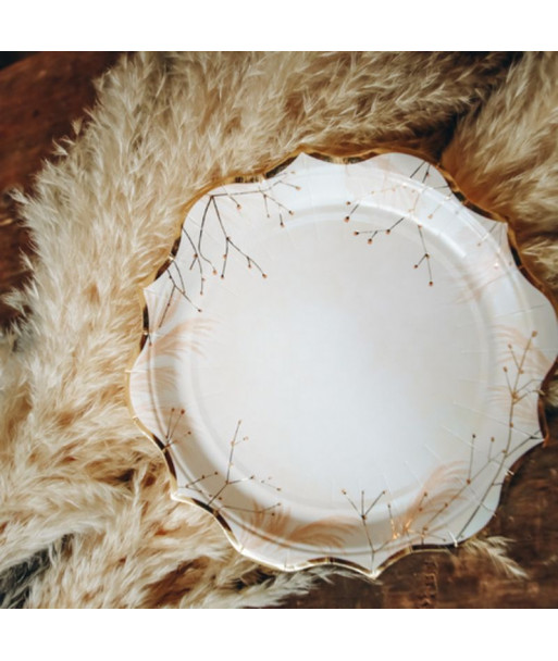 Assiettes jetables pampa et fleurs - blush et or