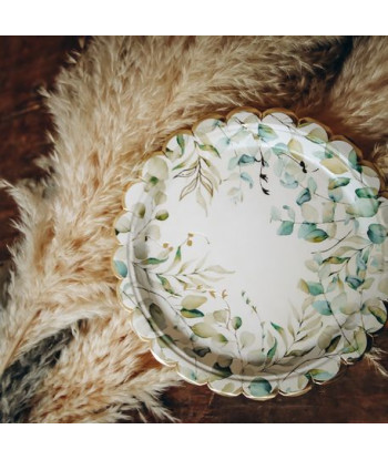 8 assiettes avec motif eucalyptus sauge, blanches et or