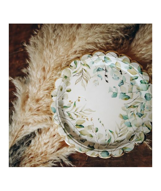 8 assiettes avec motif eucalyptus sauge, blanches et or