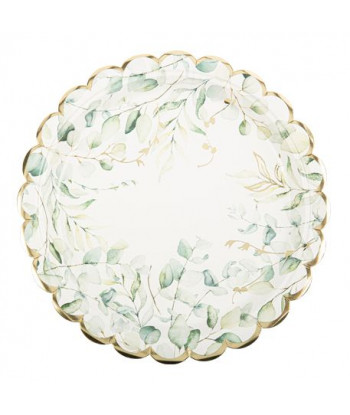 8 assiettes avec motif eucalyptus sauge, blanches et or