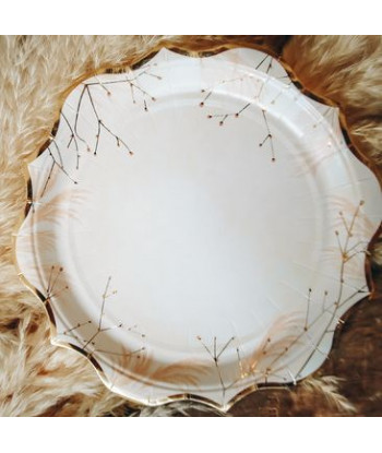 Assiettes jetables pampa et fleurs - blush et or