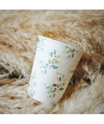 8 gobelets avec motif eucalyptus sauge, blanc et or