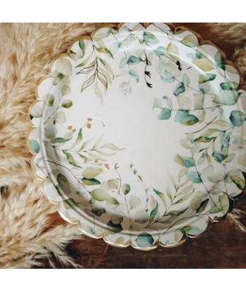 8 assiettes avec motif eucalyptus sauge, blanches et or