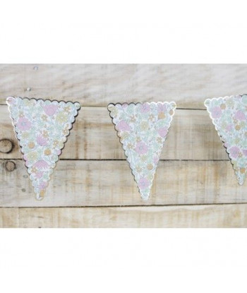 Guirlande fanions fleurs liberty rose, jaune et or x3