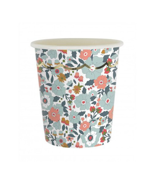 Gobelets liberty à fleurs bleu, terracotta et or x8