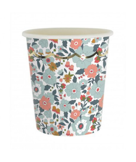 Gobelets liberty à fleurs bleu, terracotta et or x8