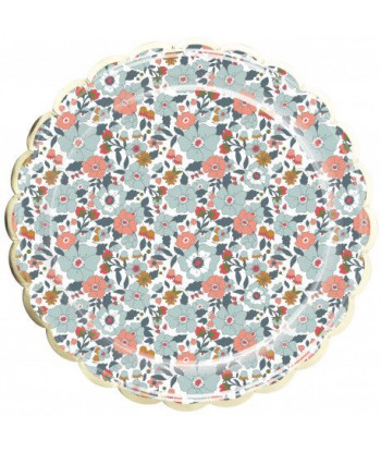 Assiettes liberty à fleurs  bleu, terracotta et or x8