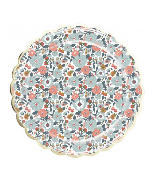 Assiettes liberty à fleurs  bleu, terracotta et or x8