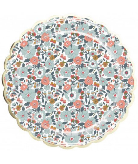 Assiettes liberty à fleurs  bleu, terracotta et or x8