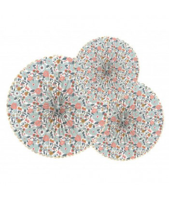 Rosaces liberty fleuries bleu, terracotta et or x3