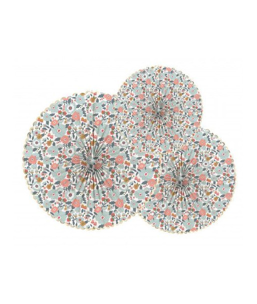 Rosaces liberty fleuries bleu, terracotta et or x3