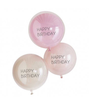 Ballons à double paroies "happy birthday" rose, nude et creme