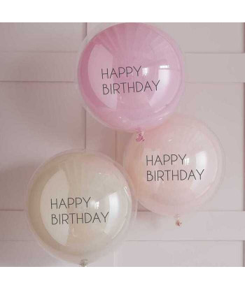 Ballons à double paroies "happy birthday" rose, nude et creme