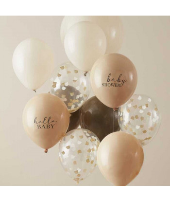 Ballons confettis nounours camel, marron et nude pour baby shower