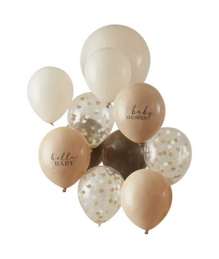 Ballons confettis nounours camel, marron et nude pour baby shower
