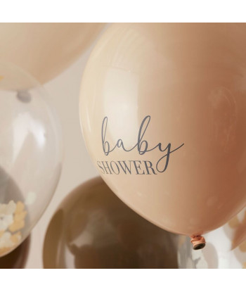Ballons confettis nounours camel, marron et nude pour baby shower