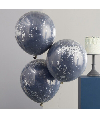 Ballons confettis bleu marine et argent double paroi