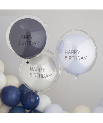 Ballons Happy Birthday bleu et transparent à double paroi