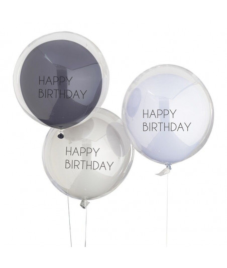 Ballons Happy Birthday bleu et transparent à double paroi