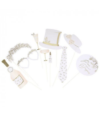 Kit Photobooth Jolis Brins blanc et Or 10 Pieces