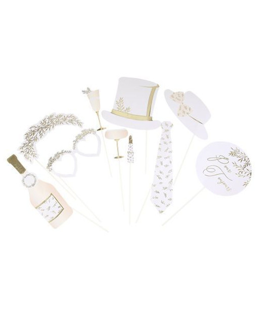 Kit Photobooth Jolis Brins blanc et Or 10 Pieces