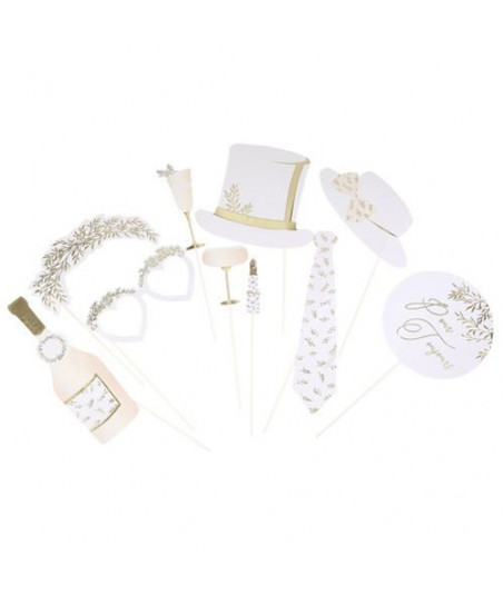 Kit Photobooth Jolis Brins blanc et Or 10 Pieces