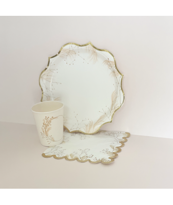 Assiettes jetables pampa et fleurs - blush et or