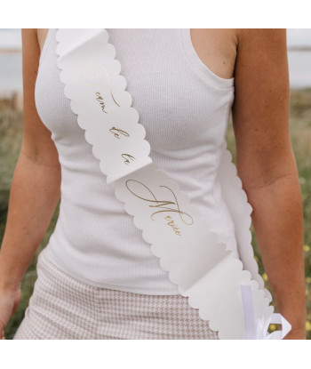 Echarpe Dentelle Team de la Mariee Blanche et Or avec Ruban Satin Blanc